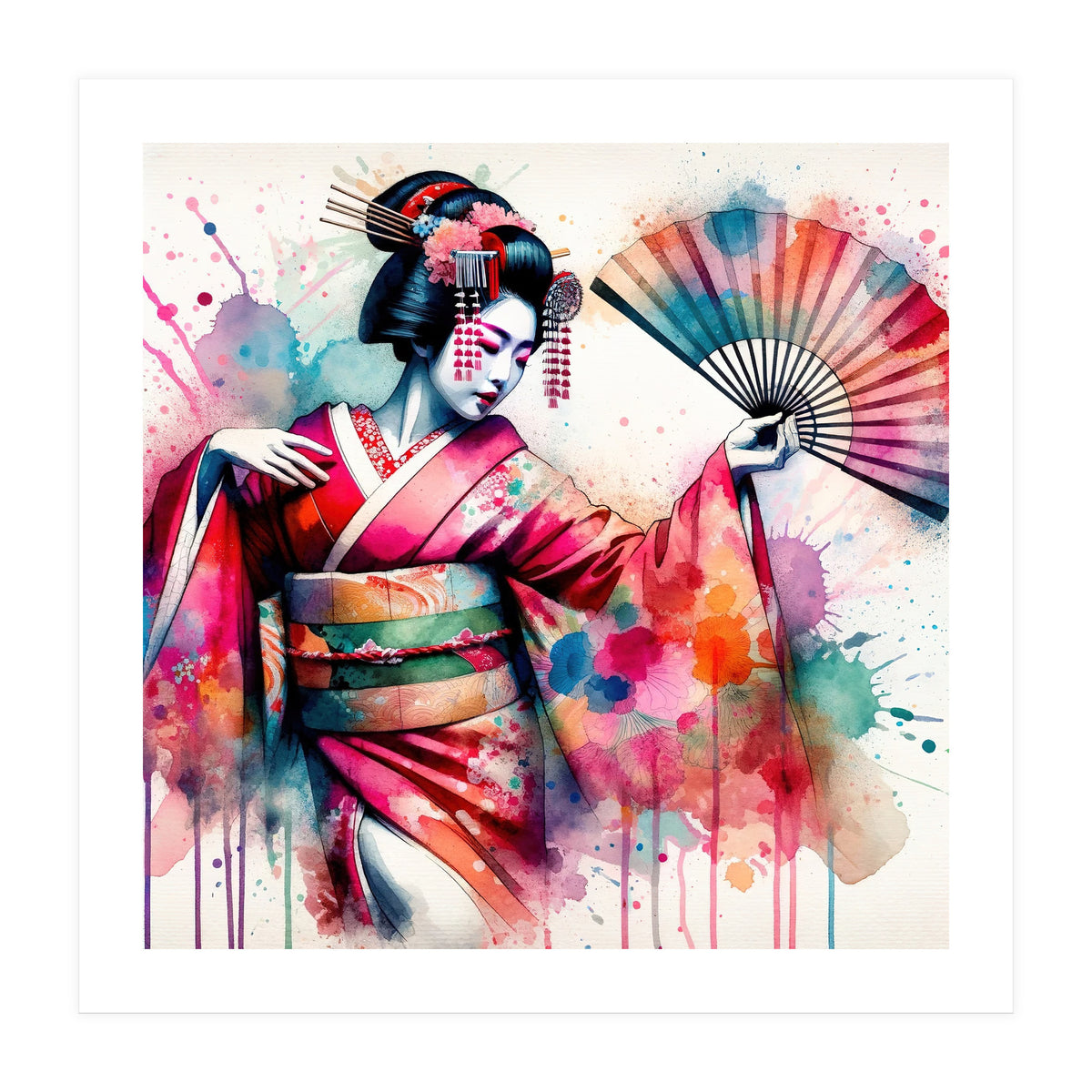 Vibrant Geisha With Rainbow Hand Fan (Print Only)