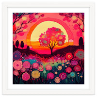Folk Sunset Blossoming Tree
