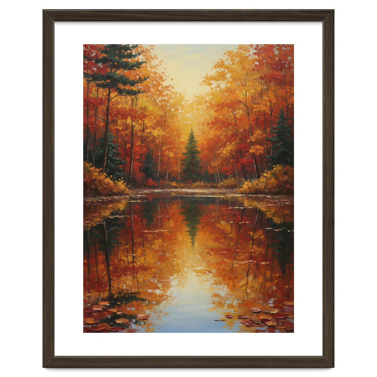 Golden Autumn Reflection: Impasto Forest Landscape