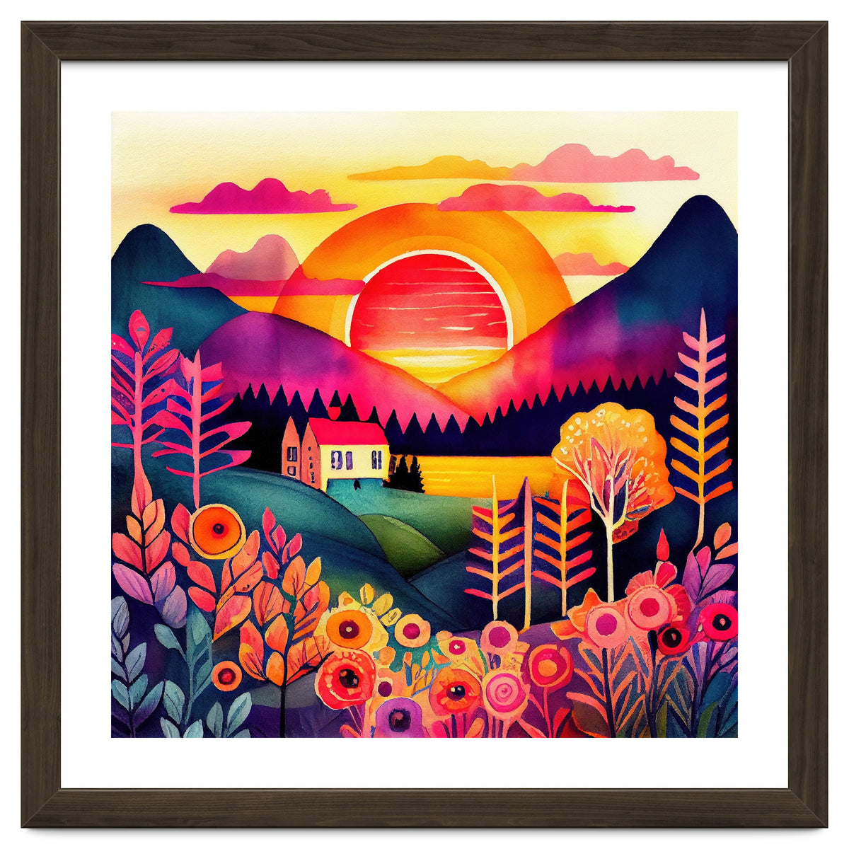 Folk Sunset Over Mountain Lake