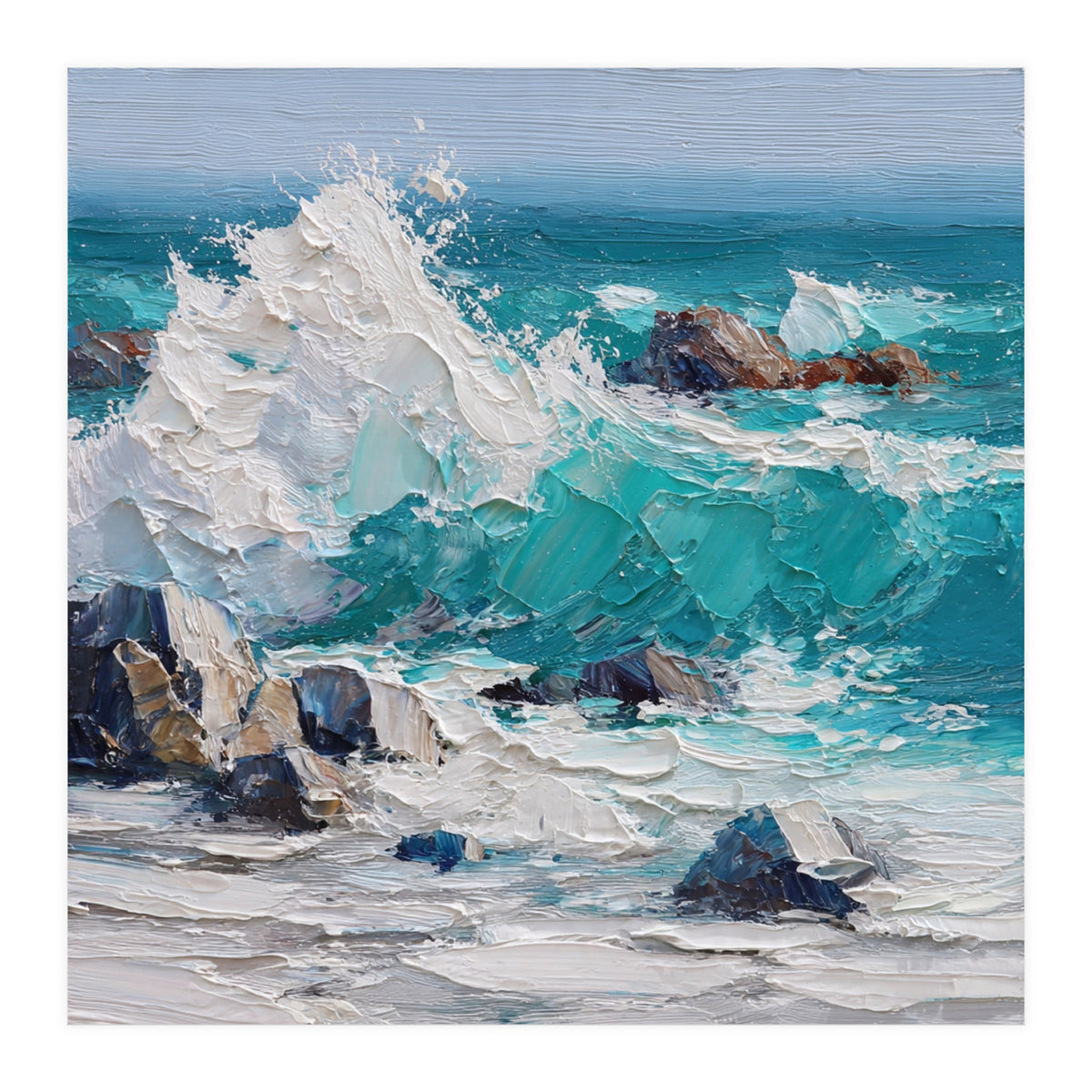 Dynamic Crashing Turquoise Ocean Wave Against Rugged Coastal Rocks (Print Only)