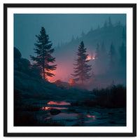 Atmospheric Twilight Pine Forest with Glowing Crimson Light