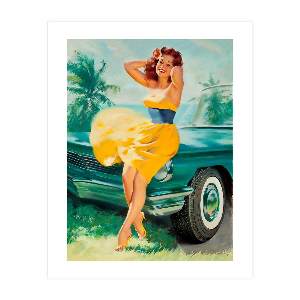Pinup Girl Posing In Front Of The Car (Print Only)