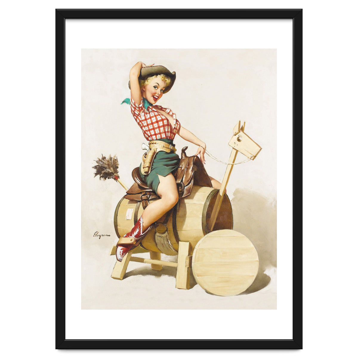 Pinup Cowgirl Riding A Wooden Horse Made Of Barrel
