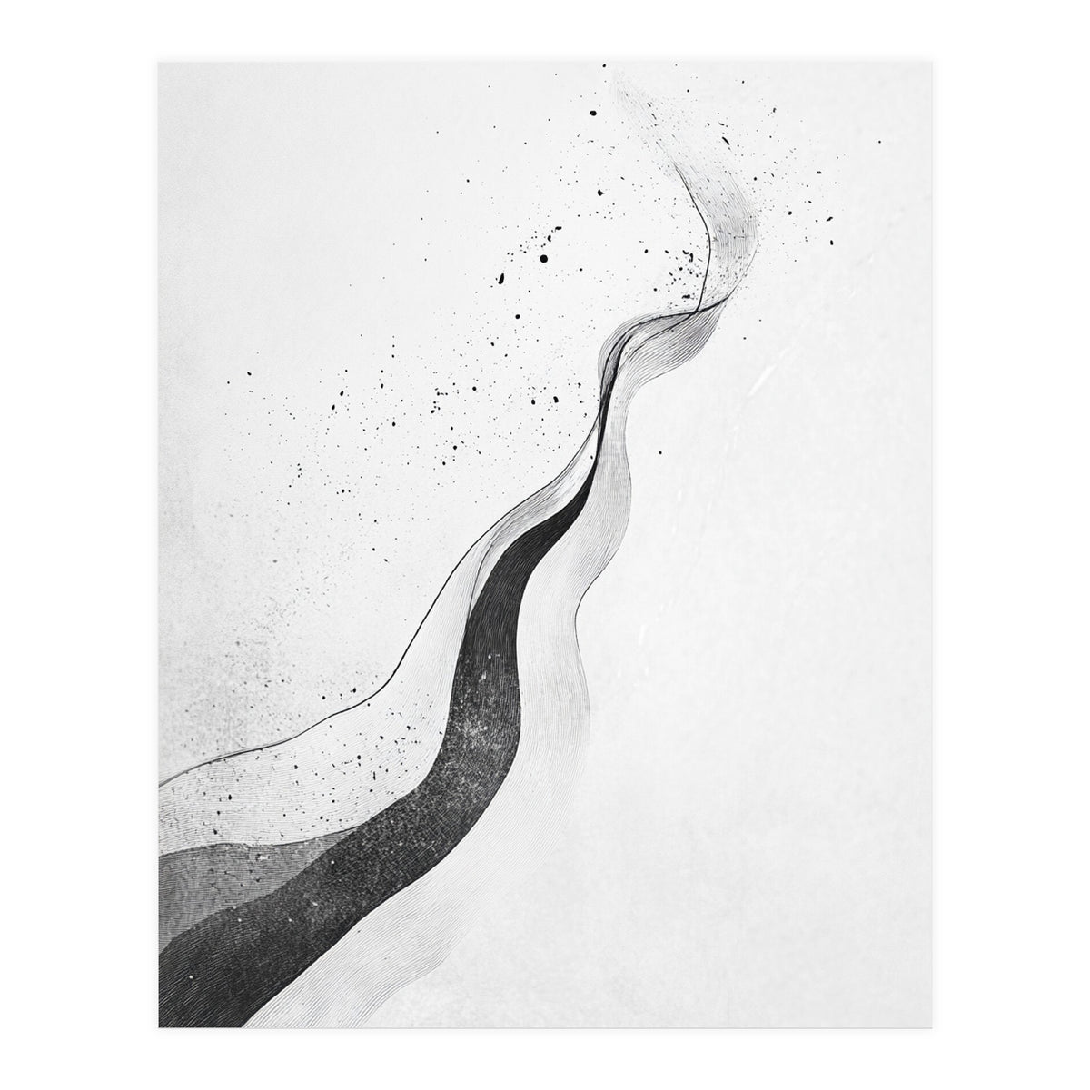 Abstract Black And White Ink Flowing Lines With Splatter (Print Only)