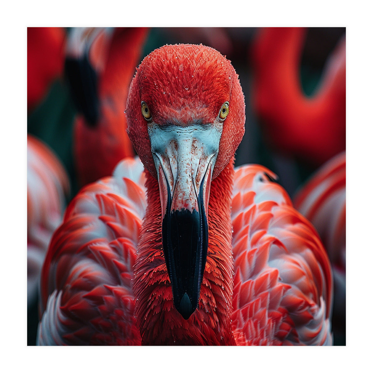 Close Up Flamingo Head With Bright Red Feathers (Print Only)