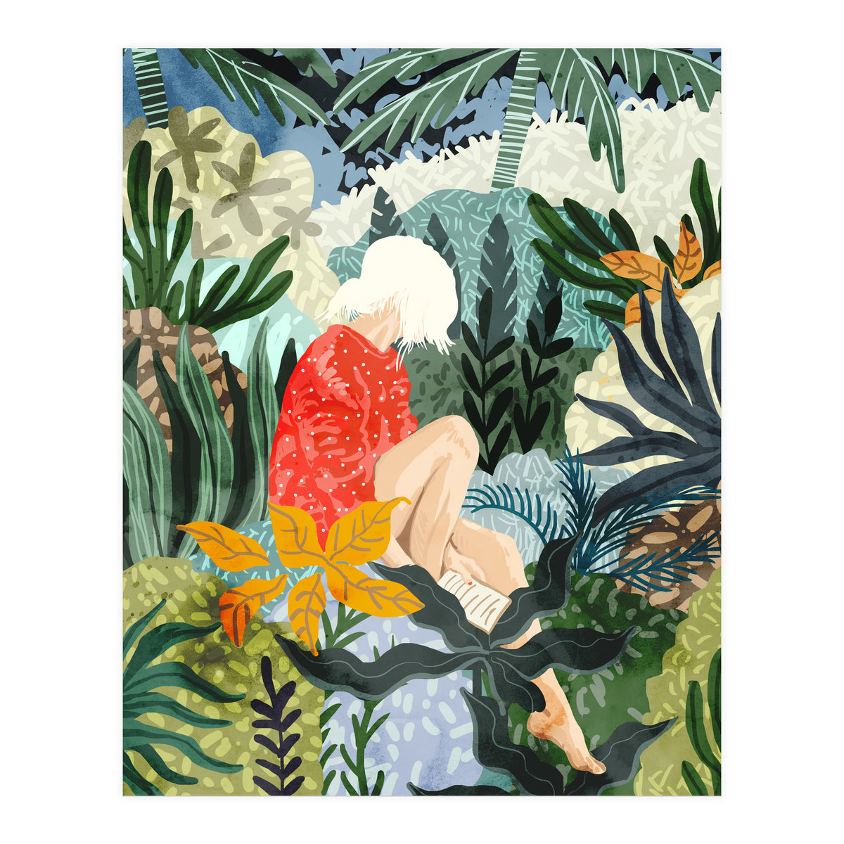 The Distracted Reader | Mindfulness Solo Travel | Bohemian Jungle Botanical Mood | Nature Book Lady (Print Only)