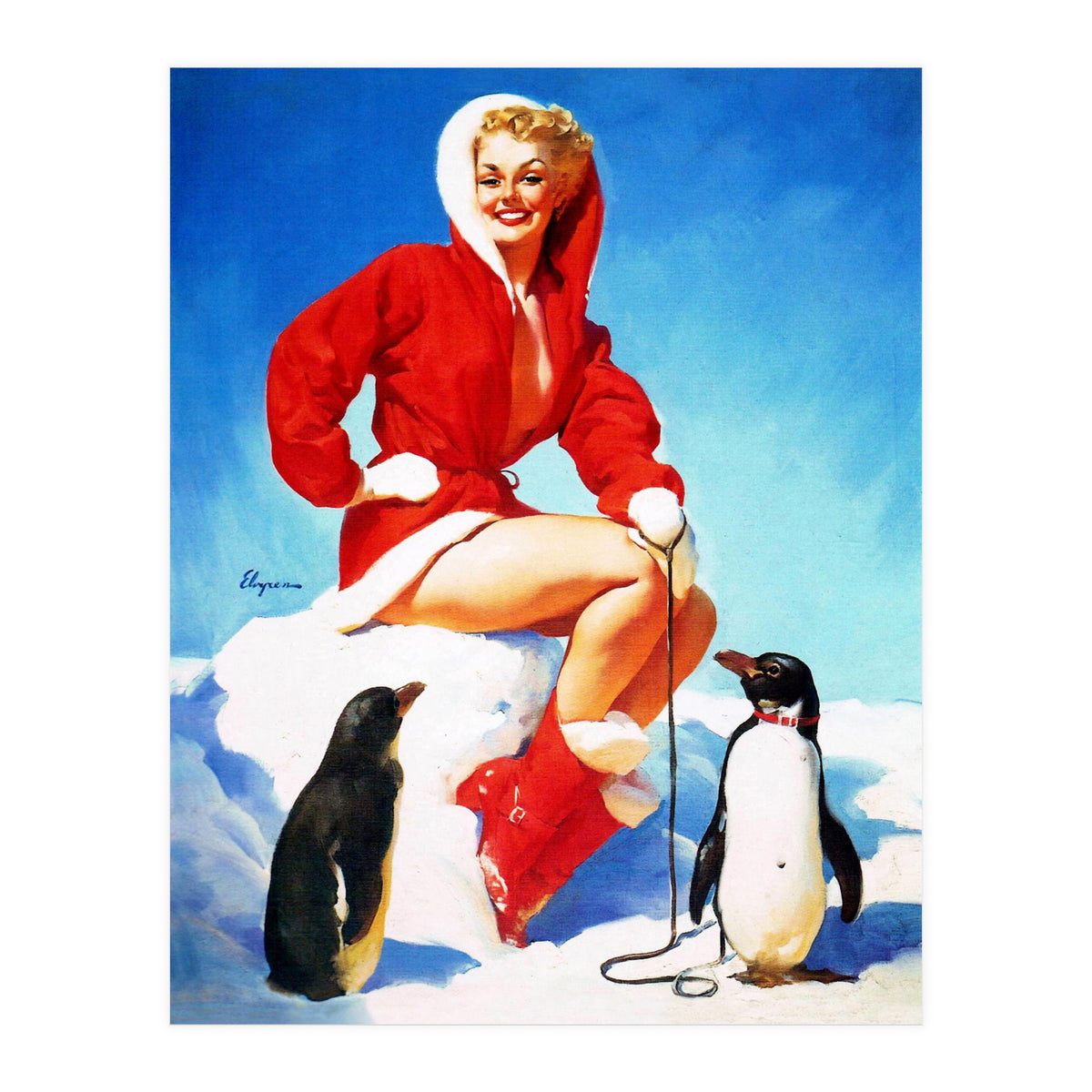 Pinup Sexy Woman Posing With Two Penguins (Print Only)