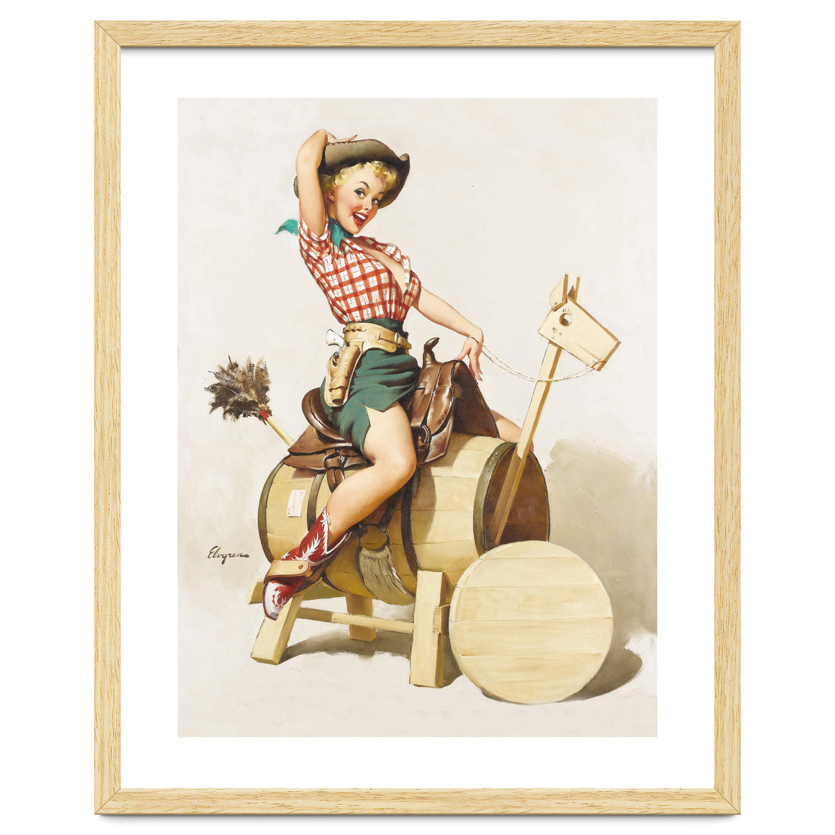 Pinup Cowgirl Riding A Wooden Horse Made Of Barrel