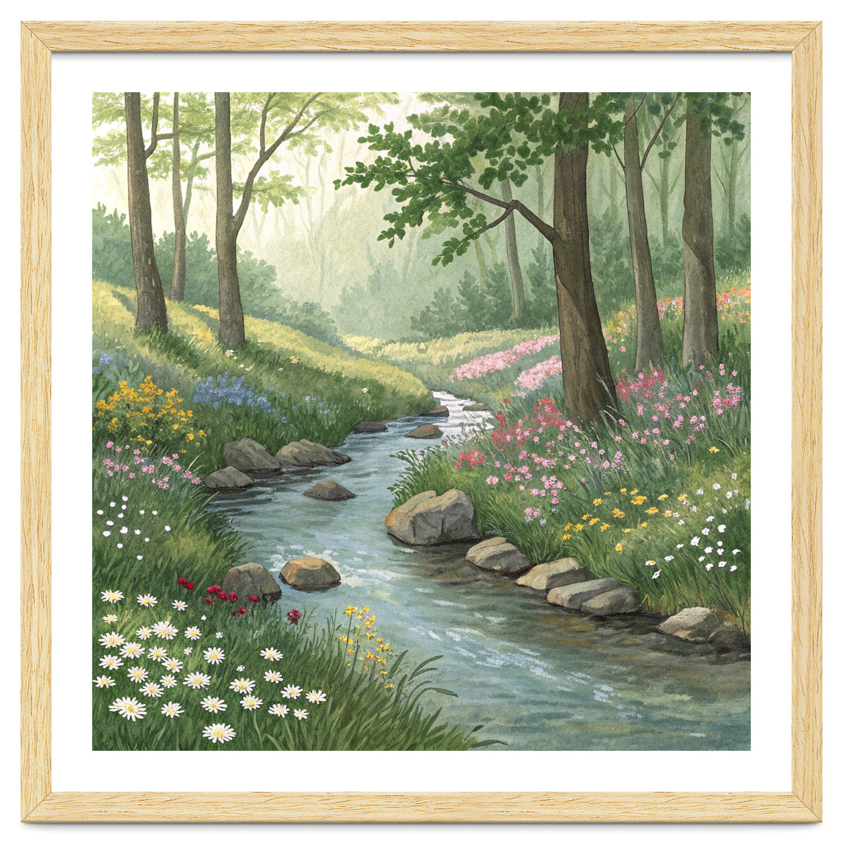 Vibrant Forest Stream Watercolor Painting