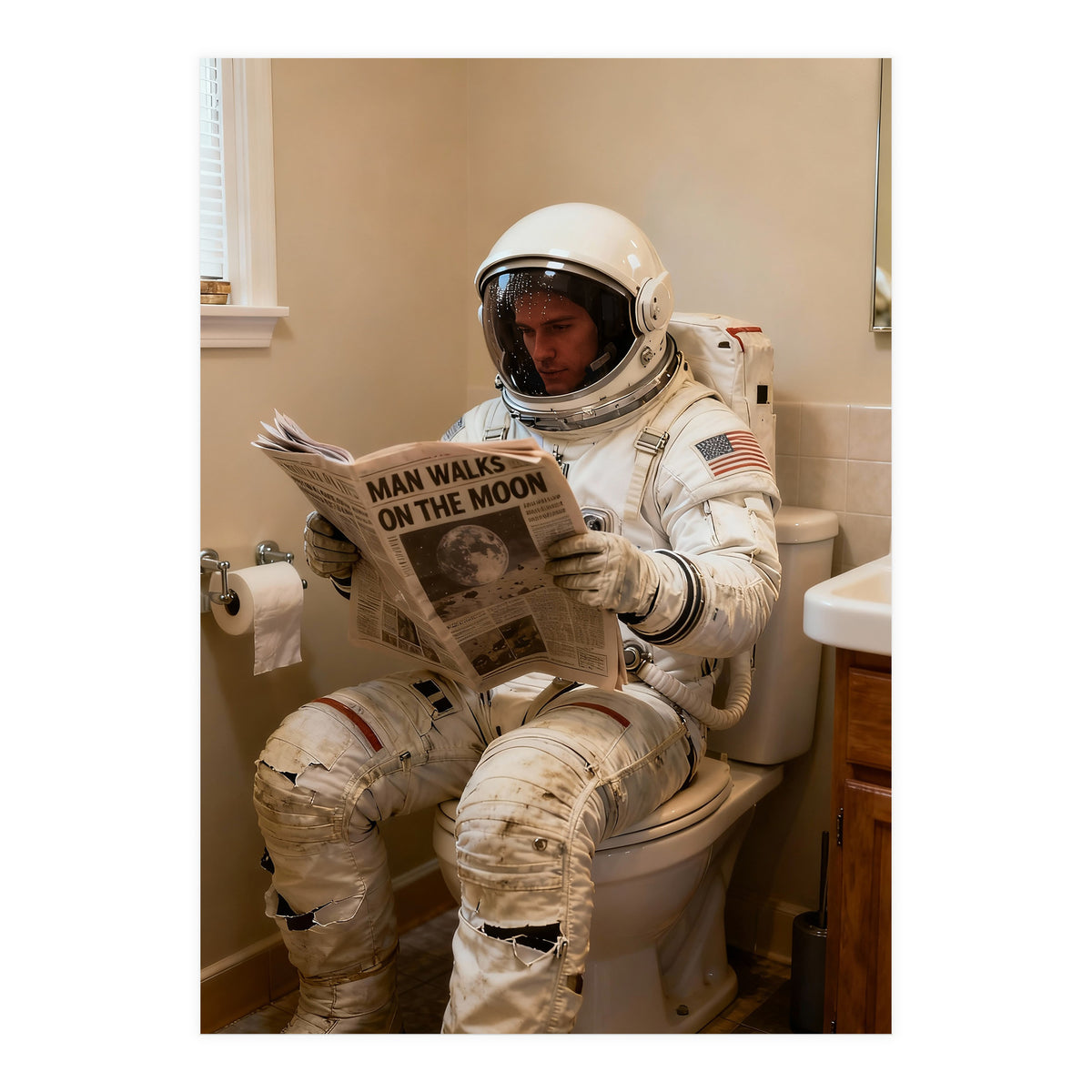 Retro AstronautReading Newspaper, Toilet Humor, Astronaut on Toilet (Print Only)