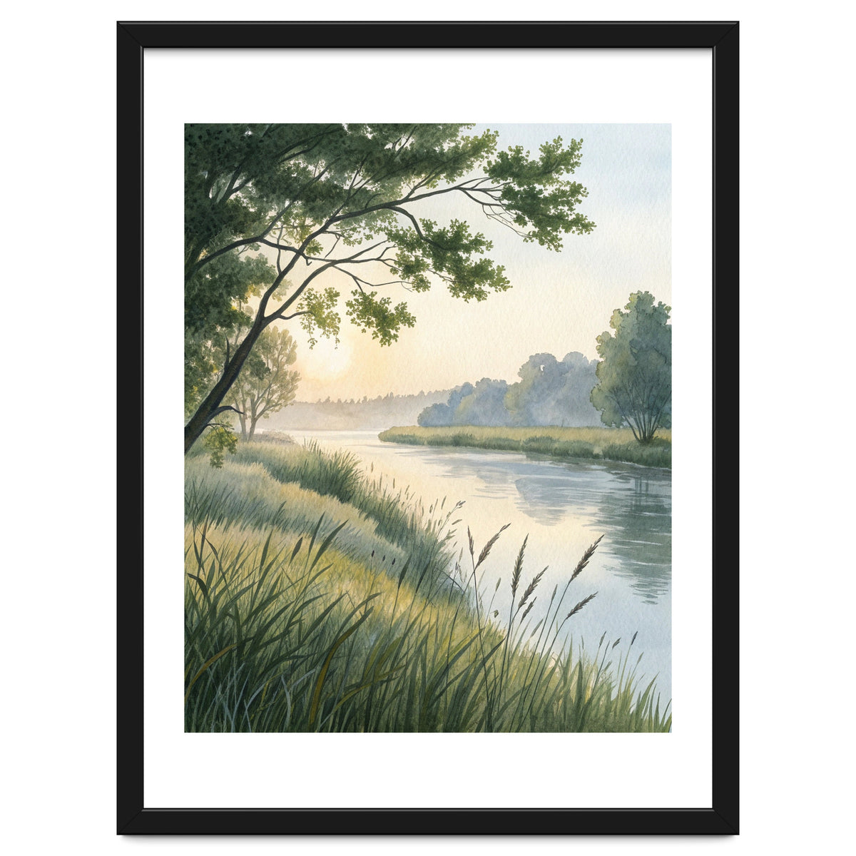 Serene River Sunrise Watercolor Painting with Meadow Grasses and Warm Golden Atmosphere Landscape