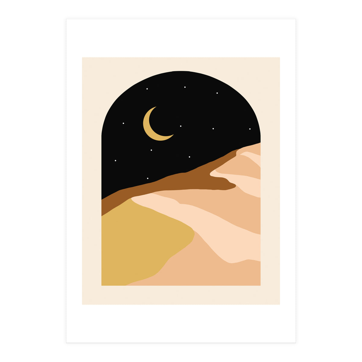 Desert Nights, Modern Bohemian Travel Sand Dunes, Eclectic Moon Stars Vintage Arc, Pastel Building Nature Landscape (Print Only)