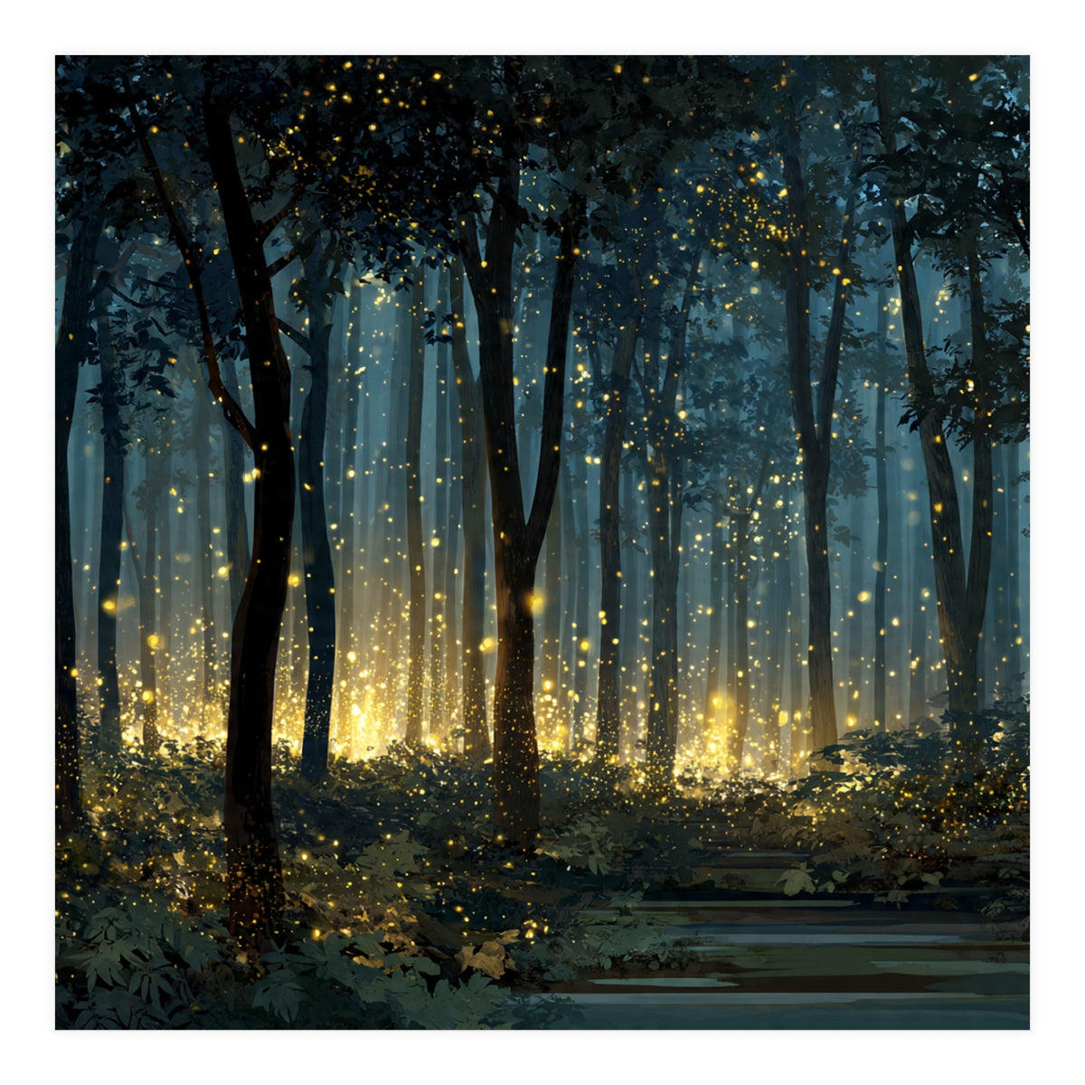 Enchanted Midnight Forest with Glowing Fireflies (Print Only)