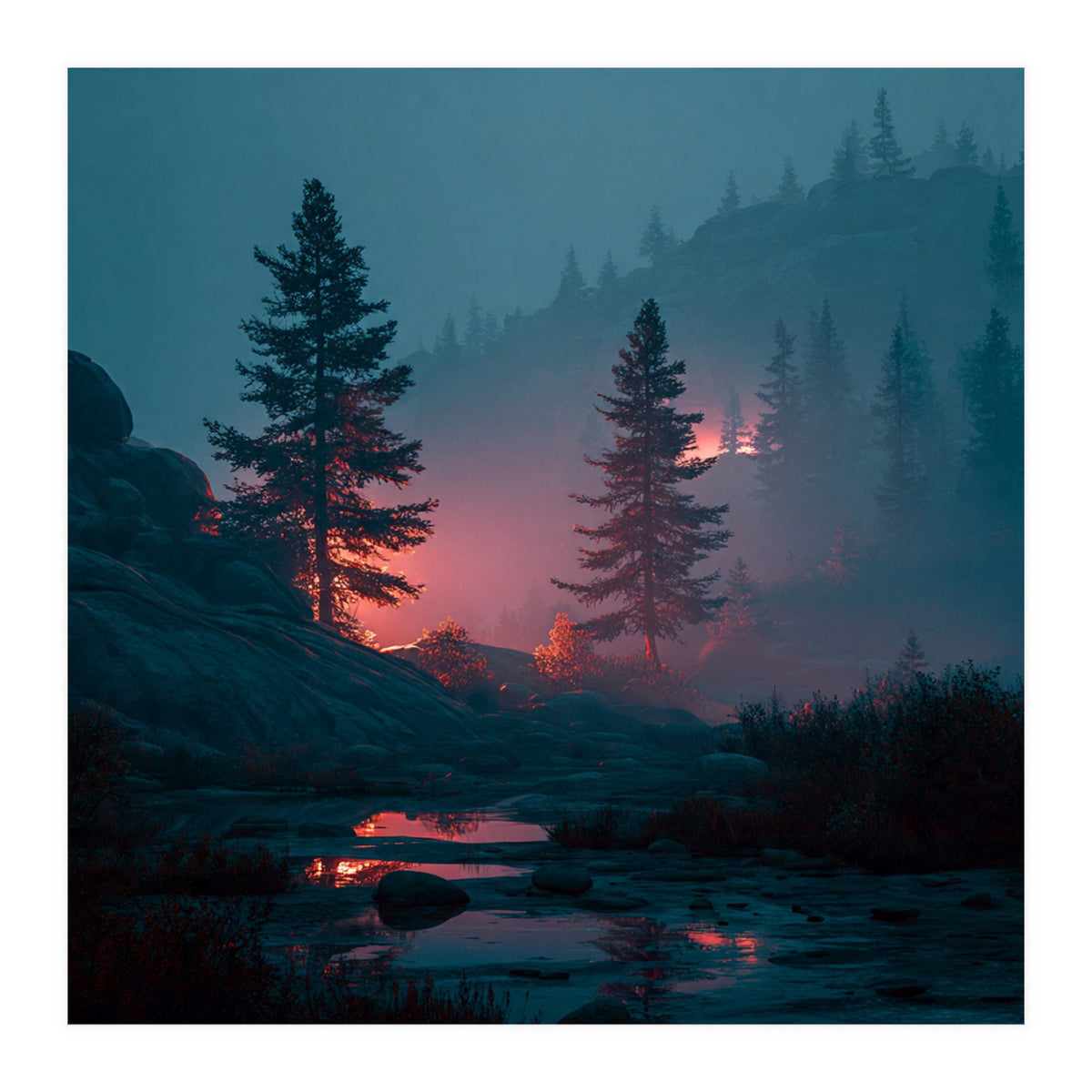 Atmospheric Twilight Pine Forest with Glowing Crimson Light (Print Only)