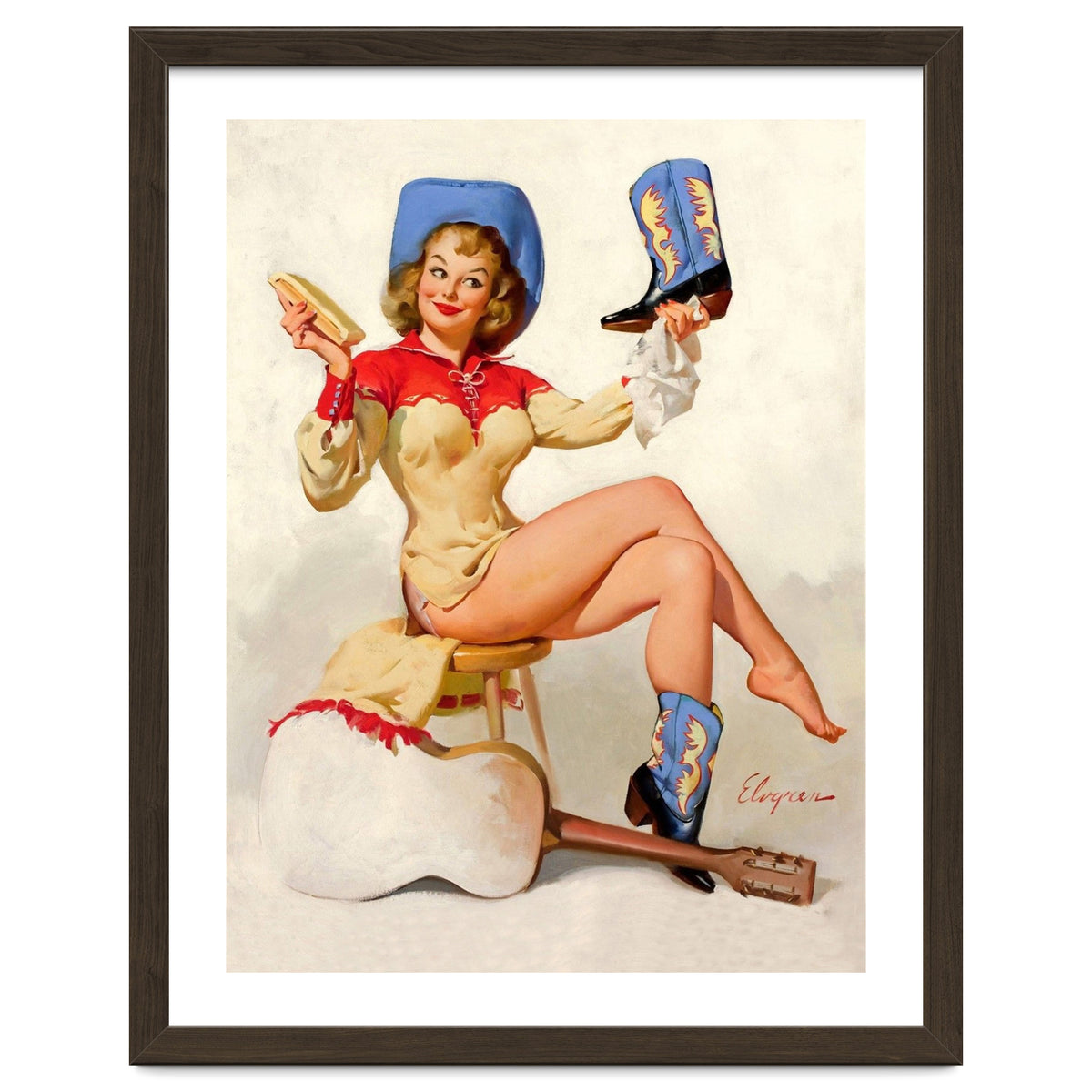 Pinup Sexy Cowgirl Cleaning Her Boots