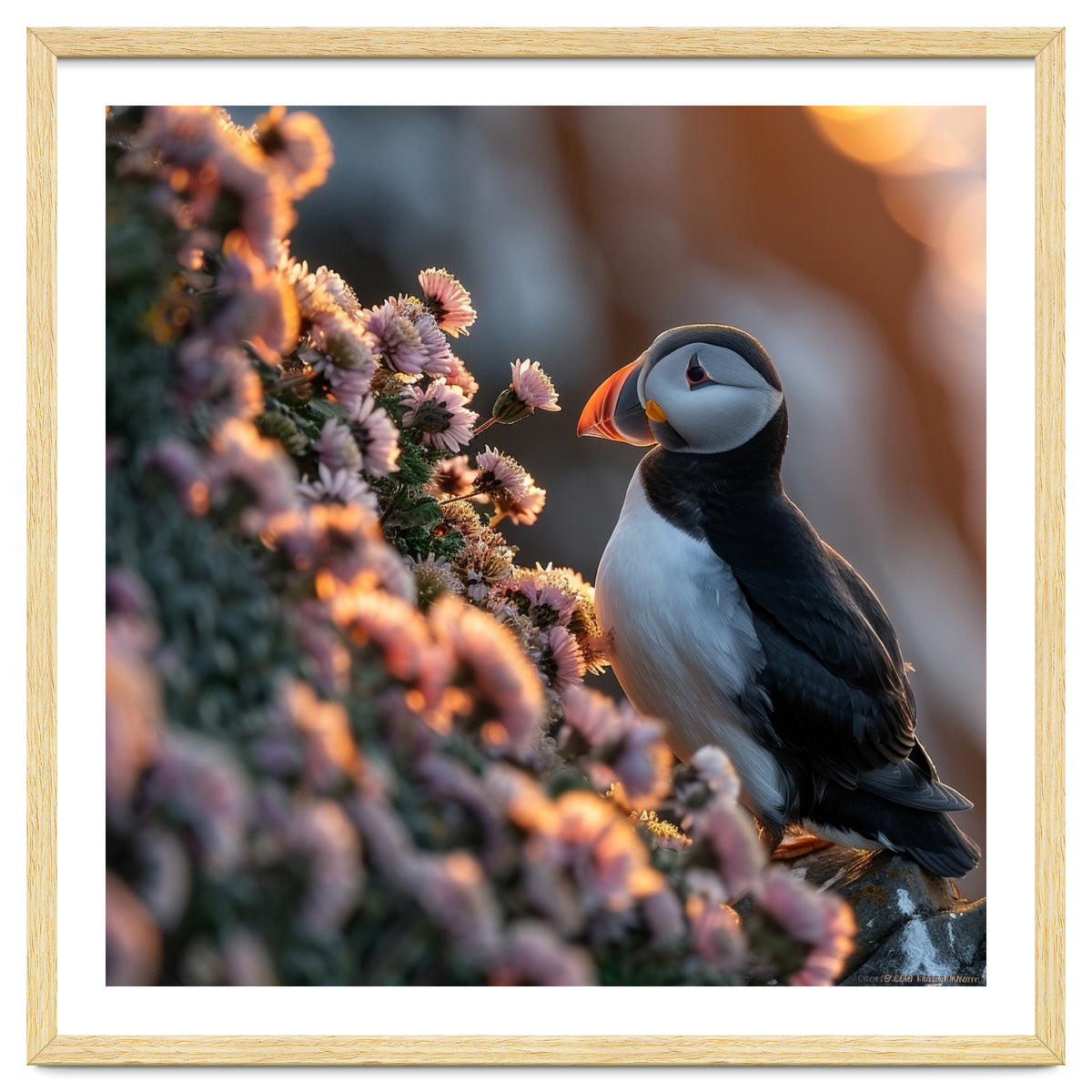 Puffin Bird On Rocks Near Pink Flowers At Sunset