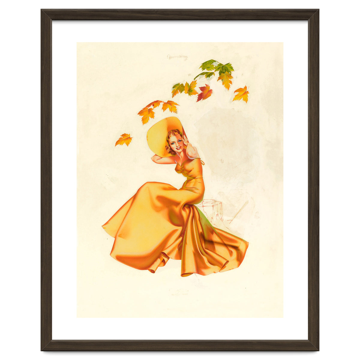Woman Posing In Yellow Dress And Autumn Leafs