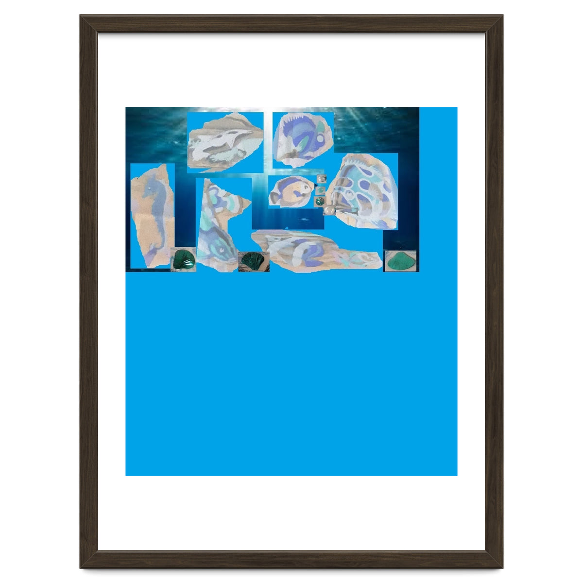 Collage Of Fishes Painted And Reversed On A Deep Blue Sea Canvas