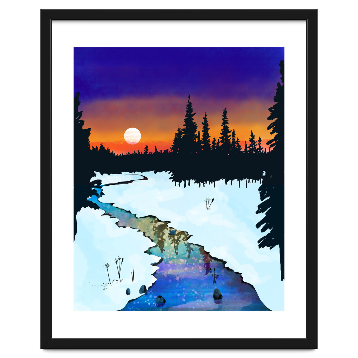 Purple Midnight, Snow River Full Moon Nature Landscape Painting, Winter Travel Adventure Places