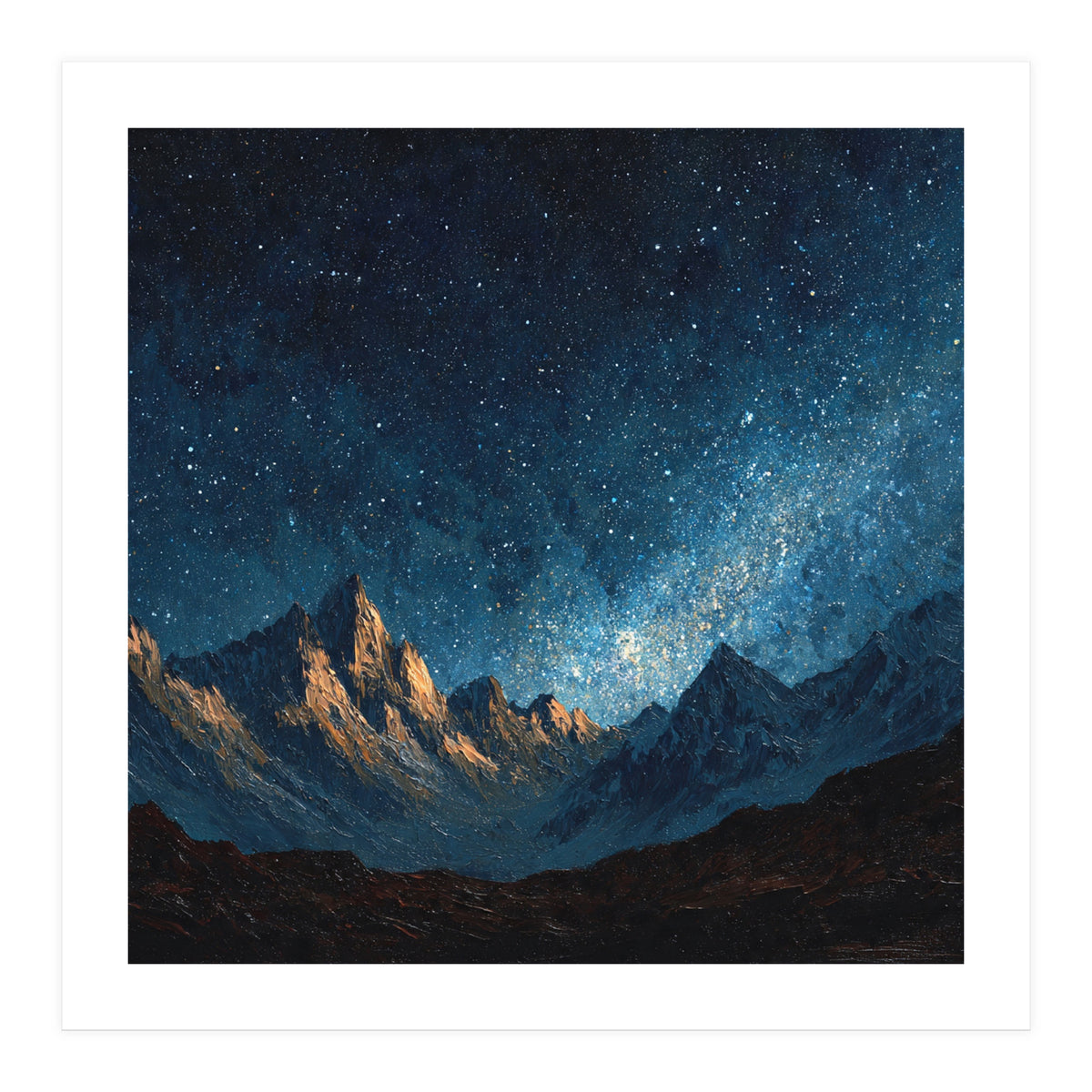 Starry Night Over Majestic Mountains Impasto Oil Painting Style (Print Only)