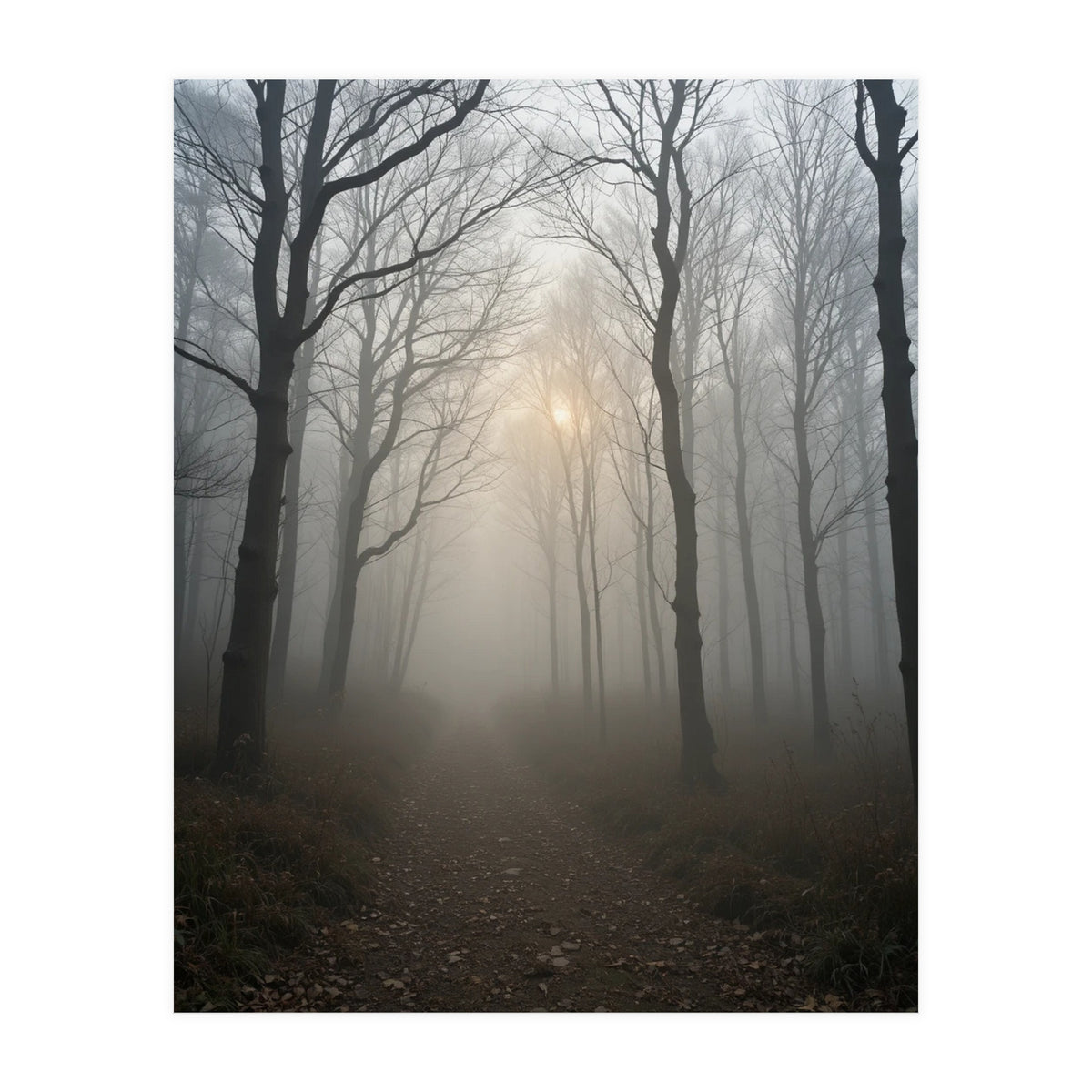 Ethereal Morning Light Breaking Through Dense Forest Fog (Print Only)