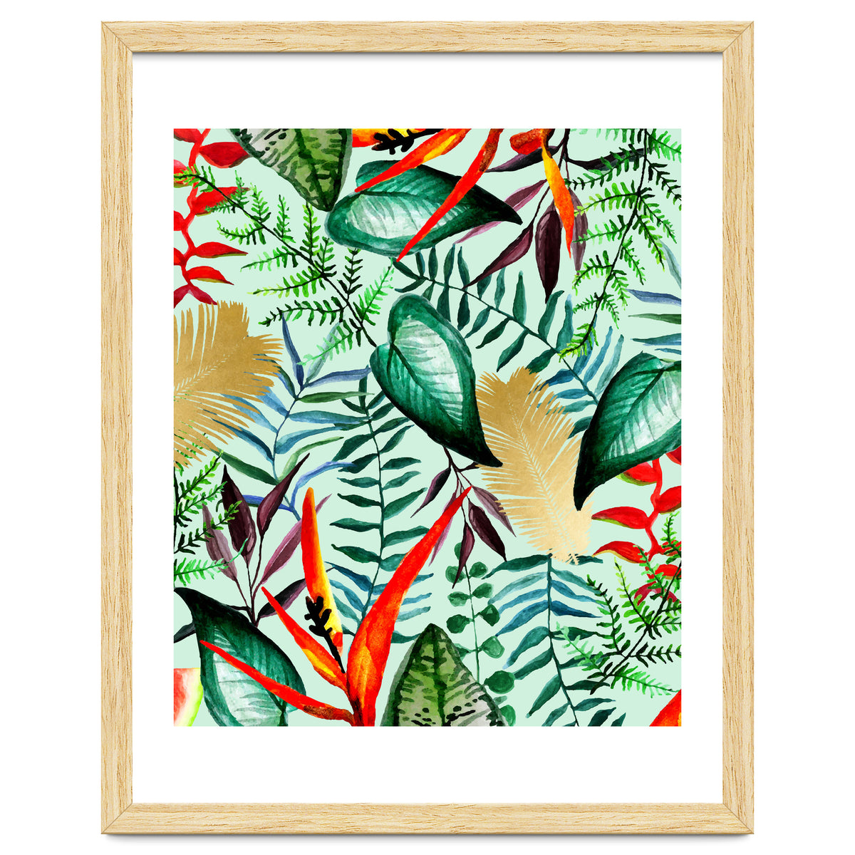 Paradise, Tropical Jungle Botanical Bohemian Illustration, Palm Bird of Paradise Gold Painting