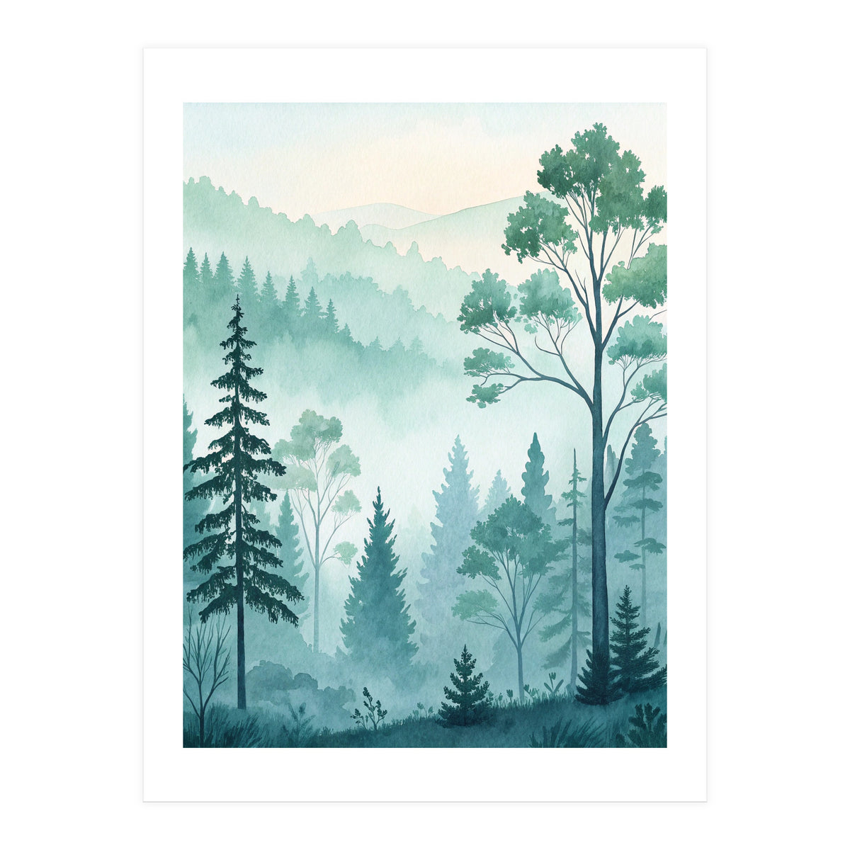 Ethereal Misty Pine Forest Watercolor Art (Print Only)