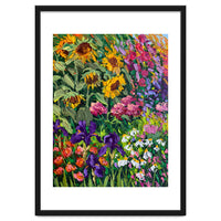 Vibrant Summer Sunflower and Iris Meadow Oil Painting