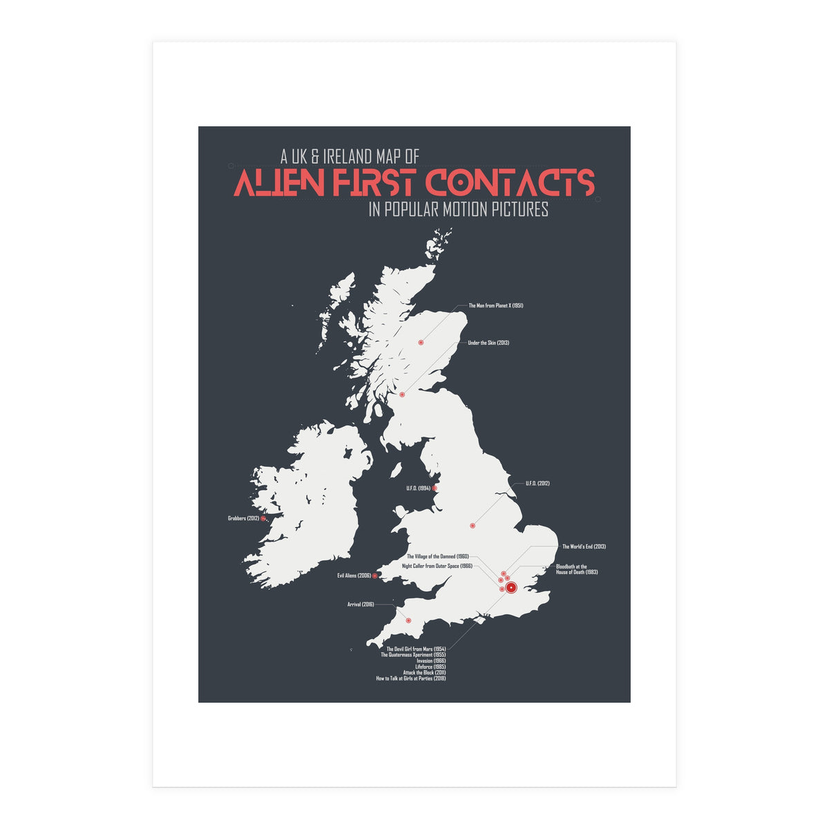 UK & Ireland Map of Alien First Contacts in Movies (Print Only)