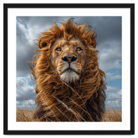 Majestic Lion Portrait Windblown Mane Outdoors