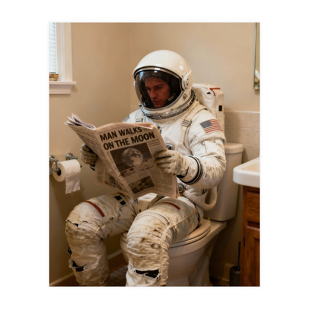 Retro AstronautReading Newspaper, Toilet Humor, Astronaut on Toilet (Print Only)