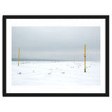 Seagulls in between the volleyball poles in winter snow beach thumbnail