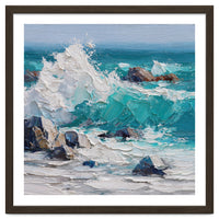 Dynamic Crashing Turquoise Ocean Wave Against Rugged Coastal Rocks
