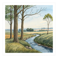 Pastoral Countryside Watercolor Painting with Winding Stream Meadows and Deciduous Trees Landscape (Print Only)