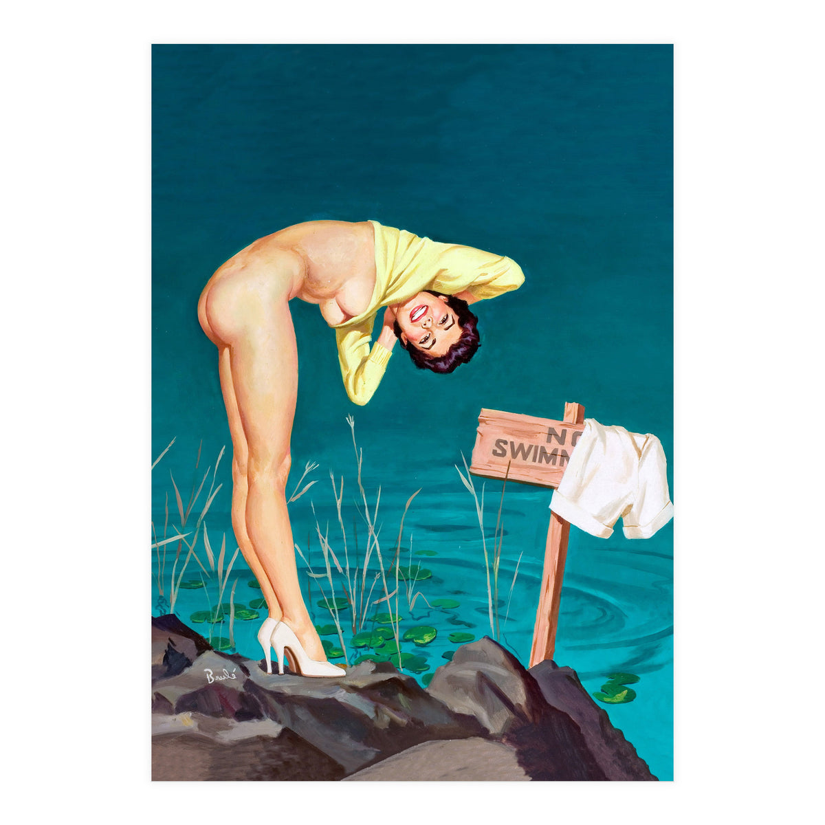 Sexy Pinup Girl With No Swimming Sign (Print Only)