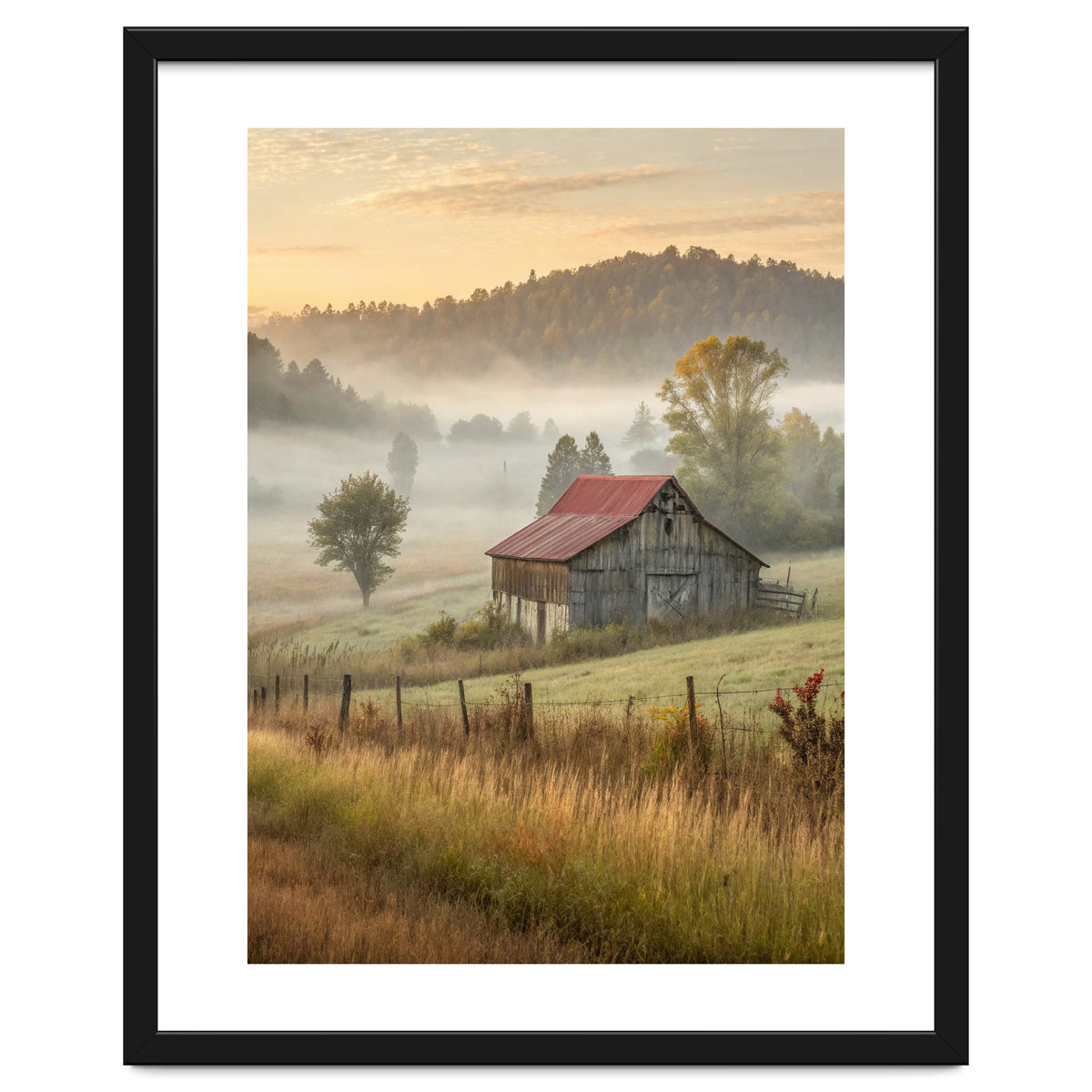 Rustic Red Roof Barn in Misty Morning Valley Landscape