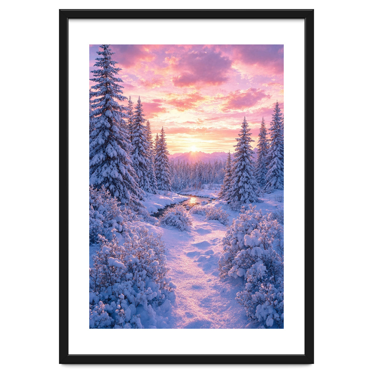Winter Sunset Glow: Serene Snowy Forest and Frozen Creek