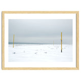 Seagulls in between the volleyball poles in winter snow beach thumbnail