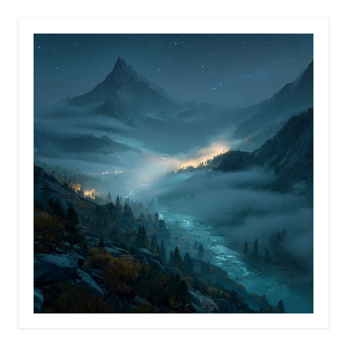 Moonlit Alpine Valley at Night with Shimmering River (Print Only)