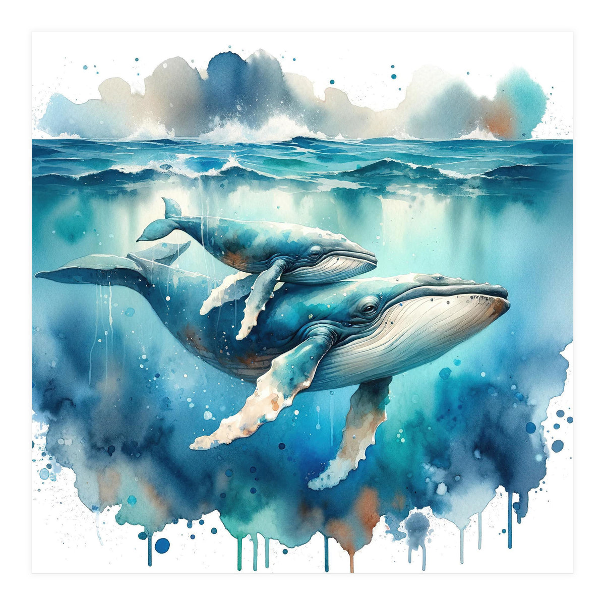 Mother And Calf Whales Watercolor (Print Only)