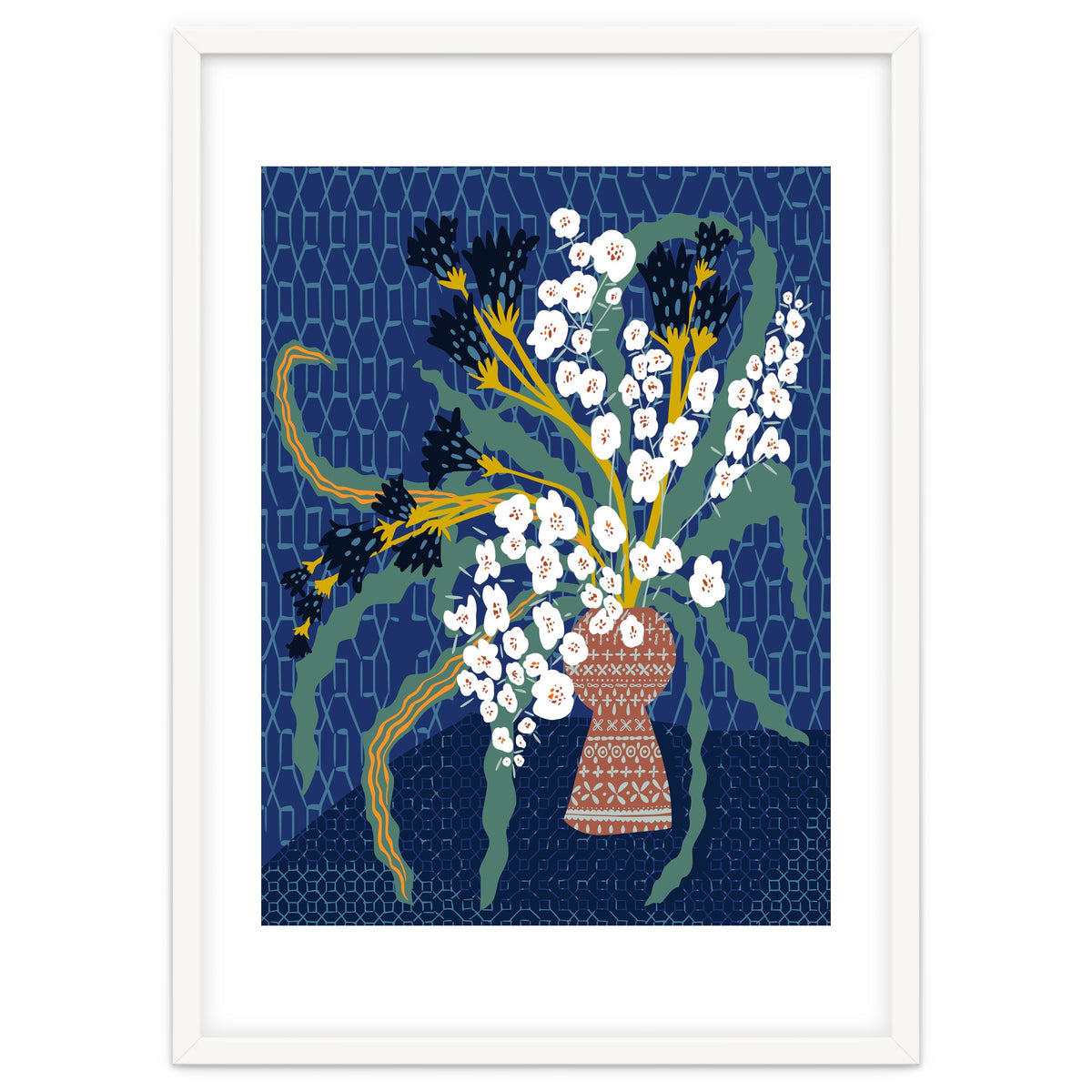 Floral contemporary still life dark blue