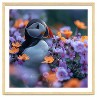 Puffin Bird Among Vibrant Purple And Orange Flowers