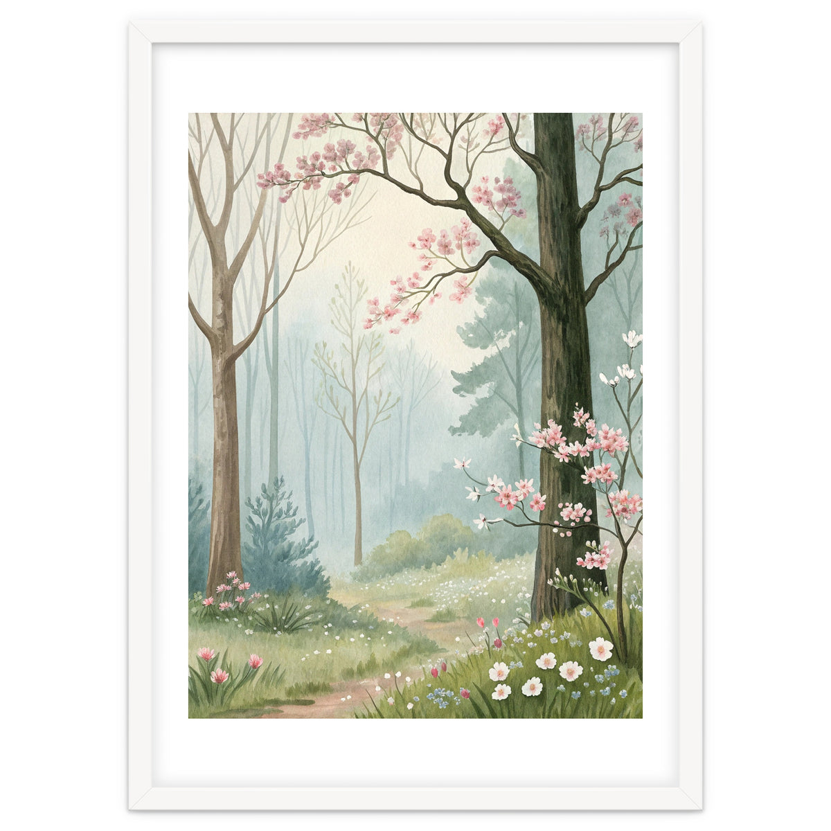 Enchanted Spring Woodland Path with Blooming Cherry Blossoms and Misty Pastel Forest Atmosphere