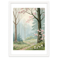 Enchanted Spring Woodland Path with Blooming Cherry Blossoms and Misty Pastel Forest Atmosphere