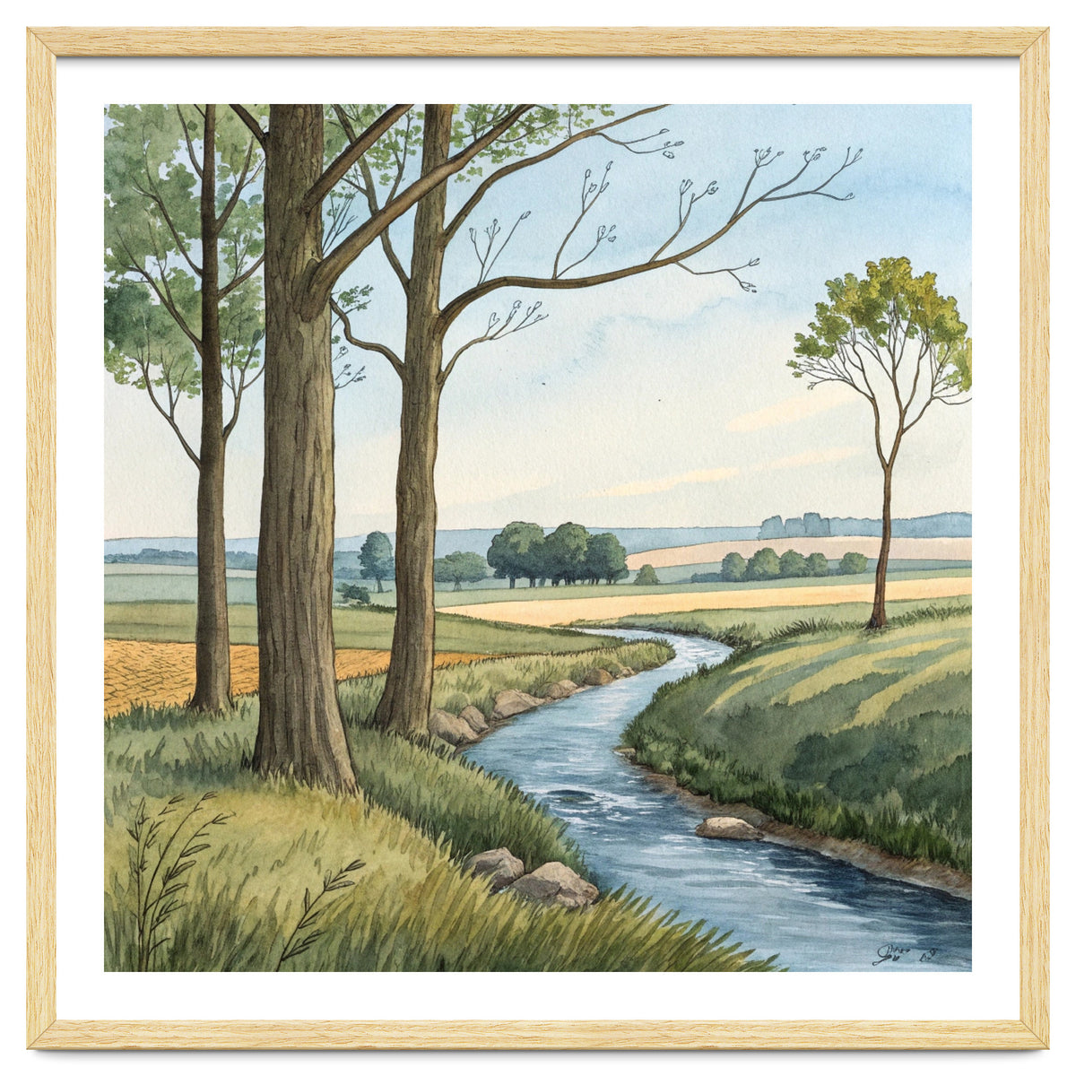 Pastoral Countryside Watercolor Painting with Winding Stream Meadows and Deciduous Trees Landscape