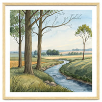 Pastoral Countryside Watercolor Painting with Winding Stream Meadows and Deciduous Trees Landscape