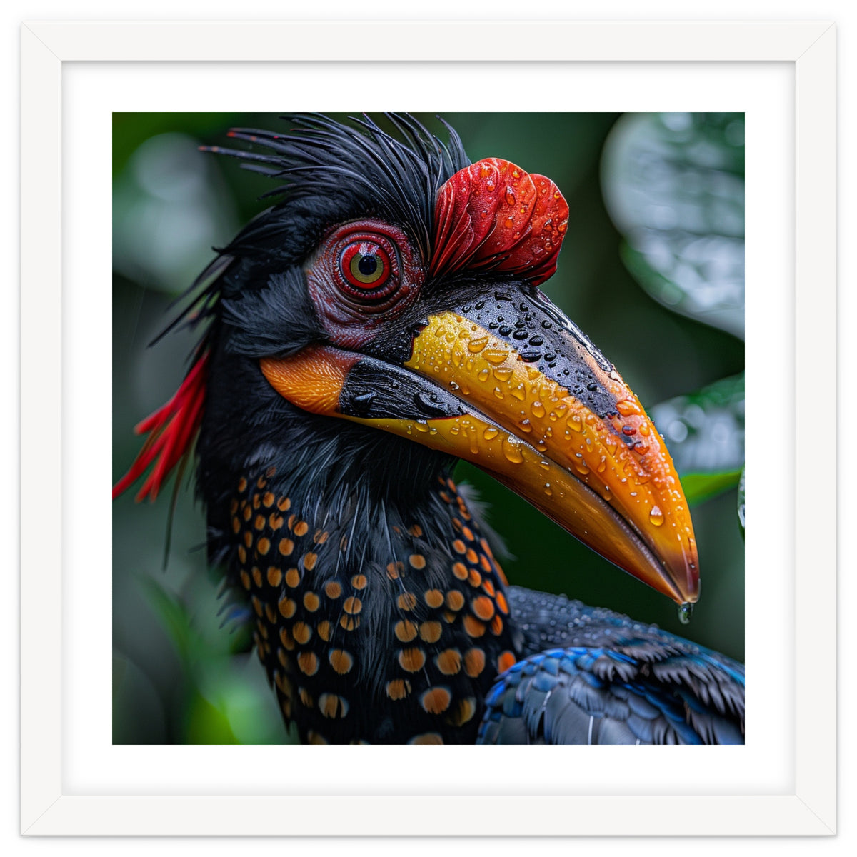 Close Up Of Helmeted Hornbill Bird In Rain