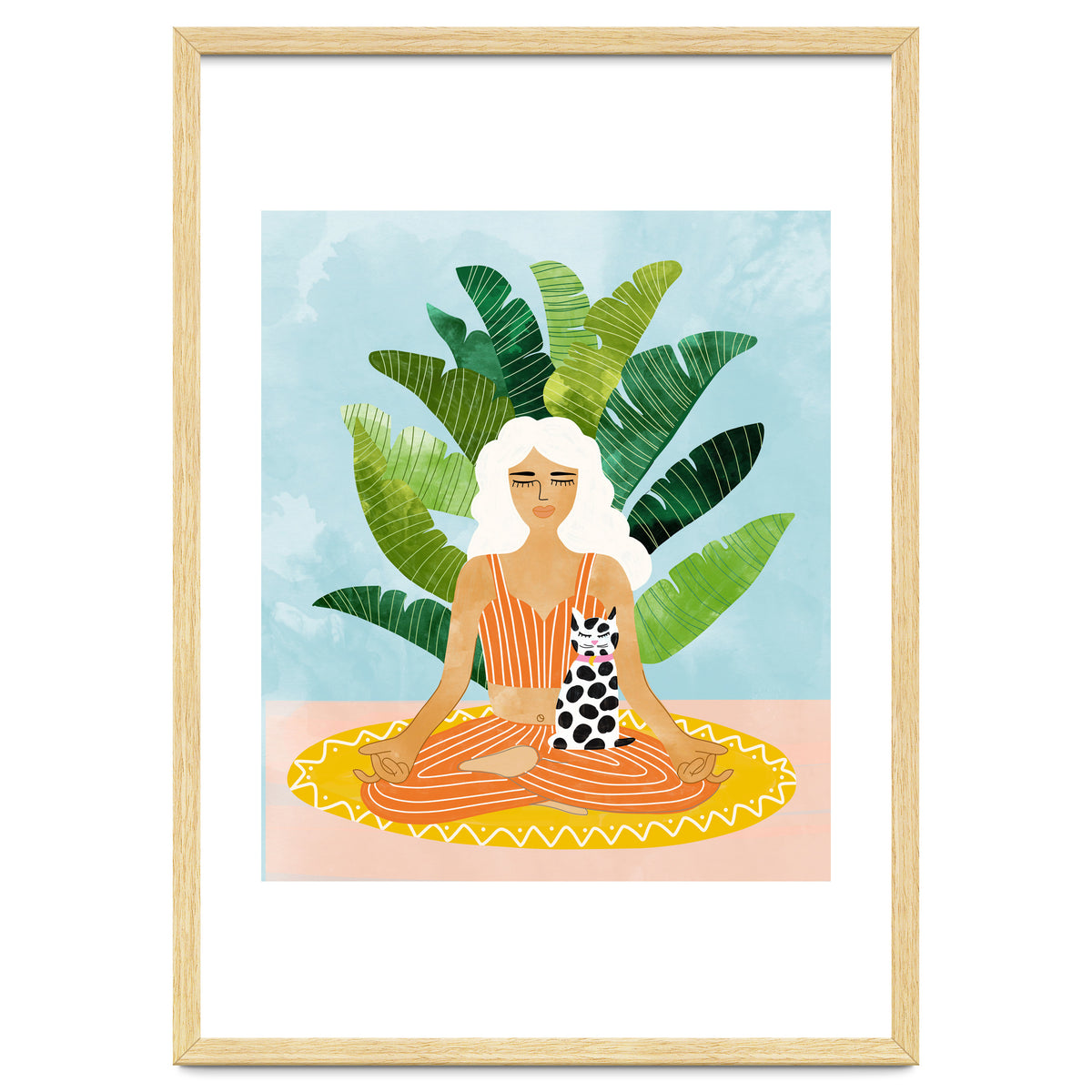 Meditation With Thy Cat Poster | Blonde Woman of Color | Tropical Banana Leaves Quirky Pet Workou