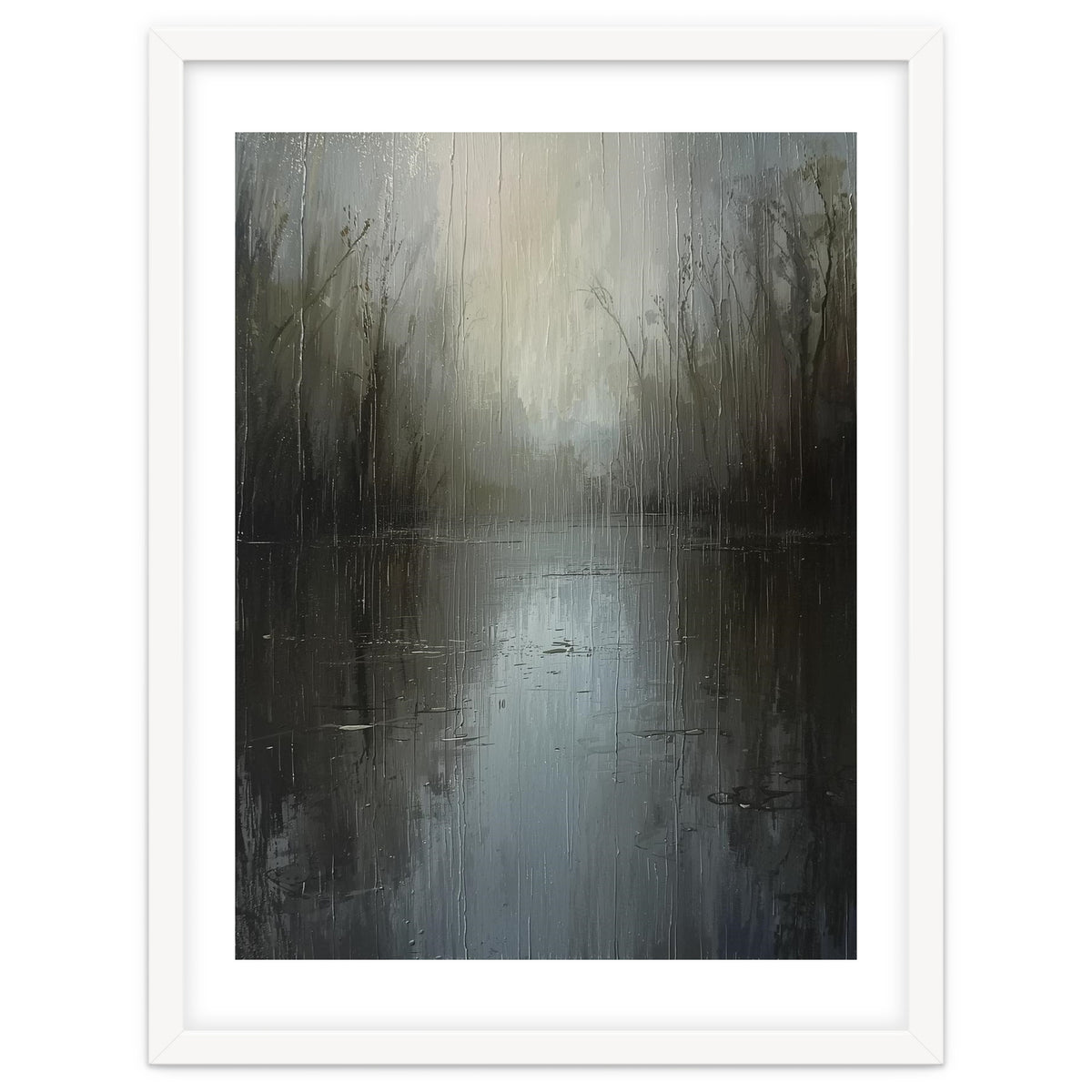 Ethereal Rainy Lake Forest Oil Painting